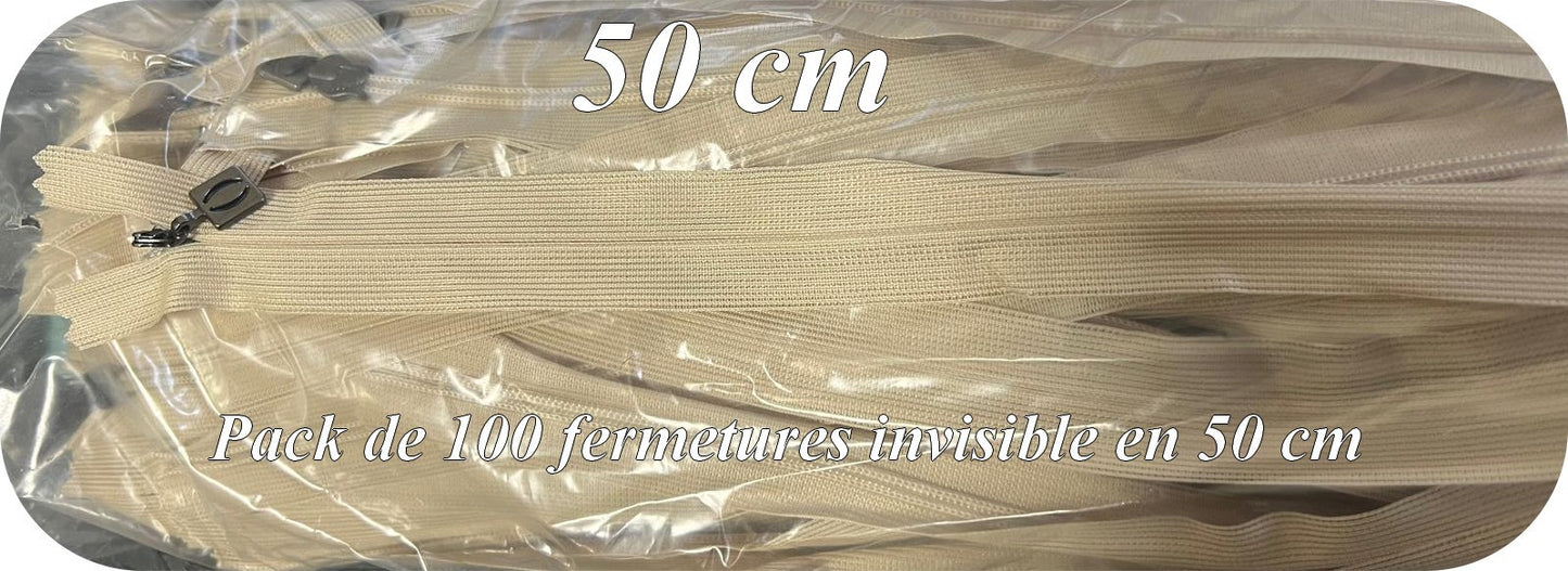 100 Fermetures Invisibles Beiges 50 cm – Non Séparable – Vente en Gros