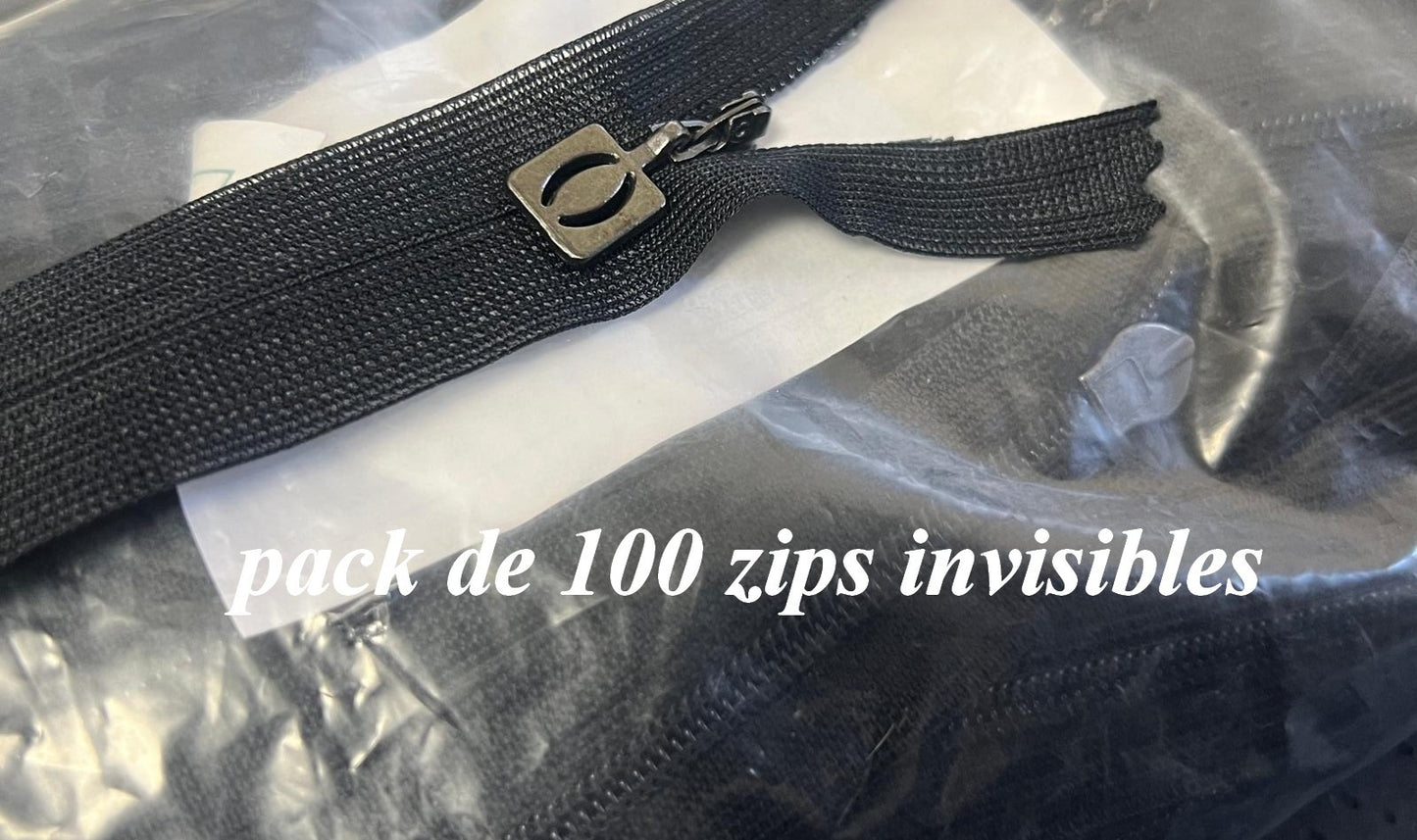 100 Fermetures Invisibles Noire 20 cm - Curseur Métal - Vente en Gros"