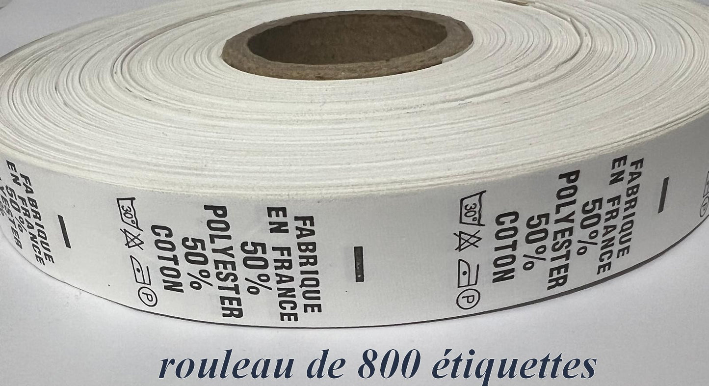 800 Etiquettes De Vêtements 50 % Polyester , 50 % Coton x A Coudre , Contexture " FABRIQUE EN FRANCE ".