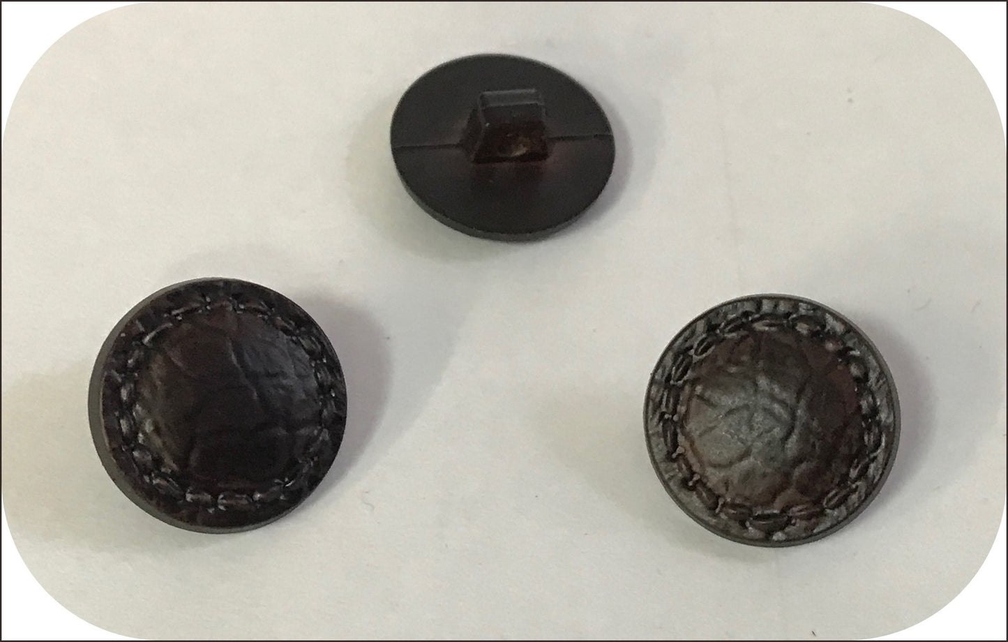 Brown faux leather button, 18 mm diameter, for sewing, leather-style button with shank