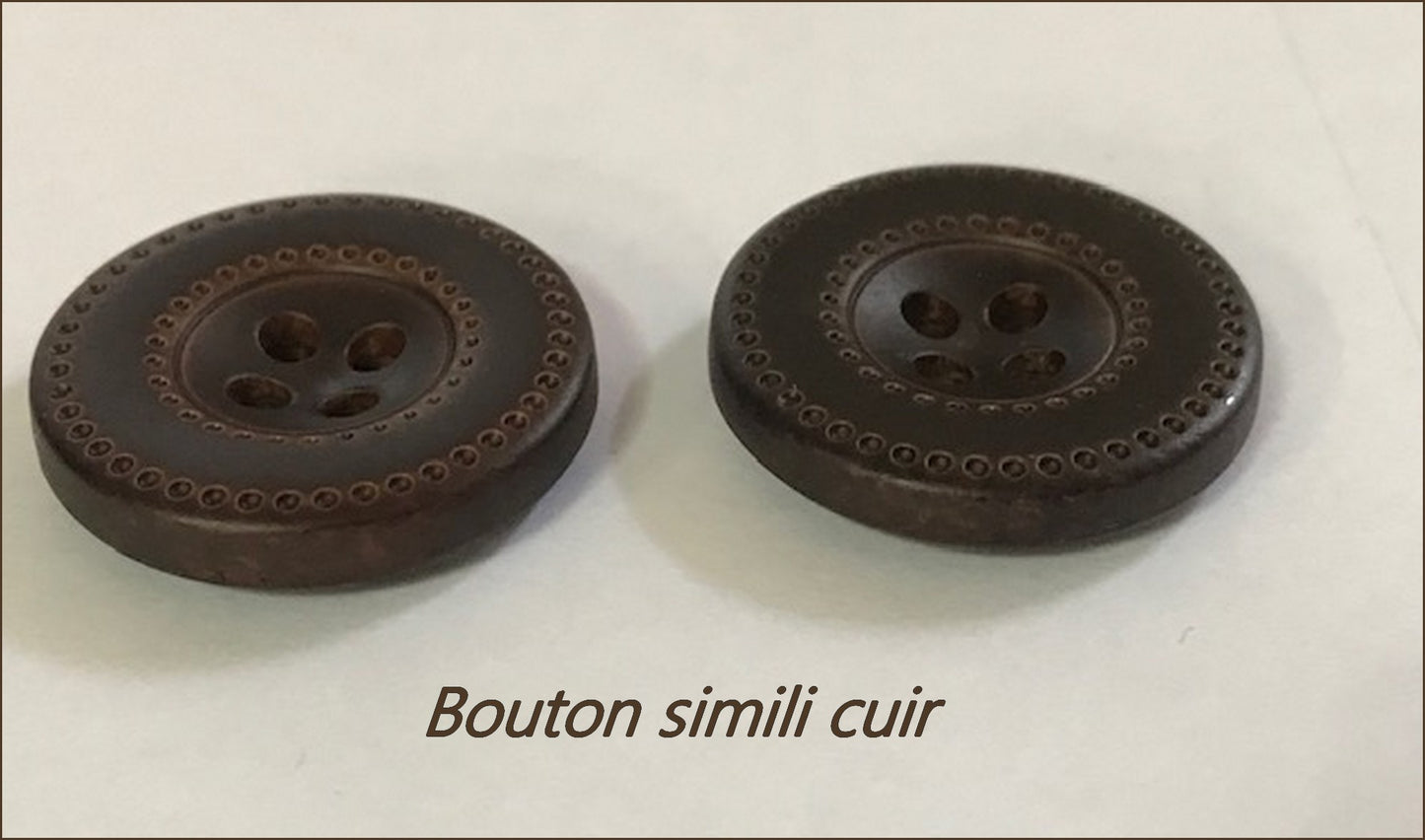 Faux Leather Button Matte Brown Chocolate in diameter 22 mm with 4 holes with Saddler Print to sew