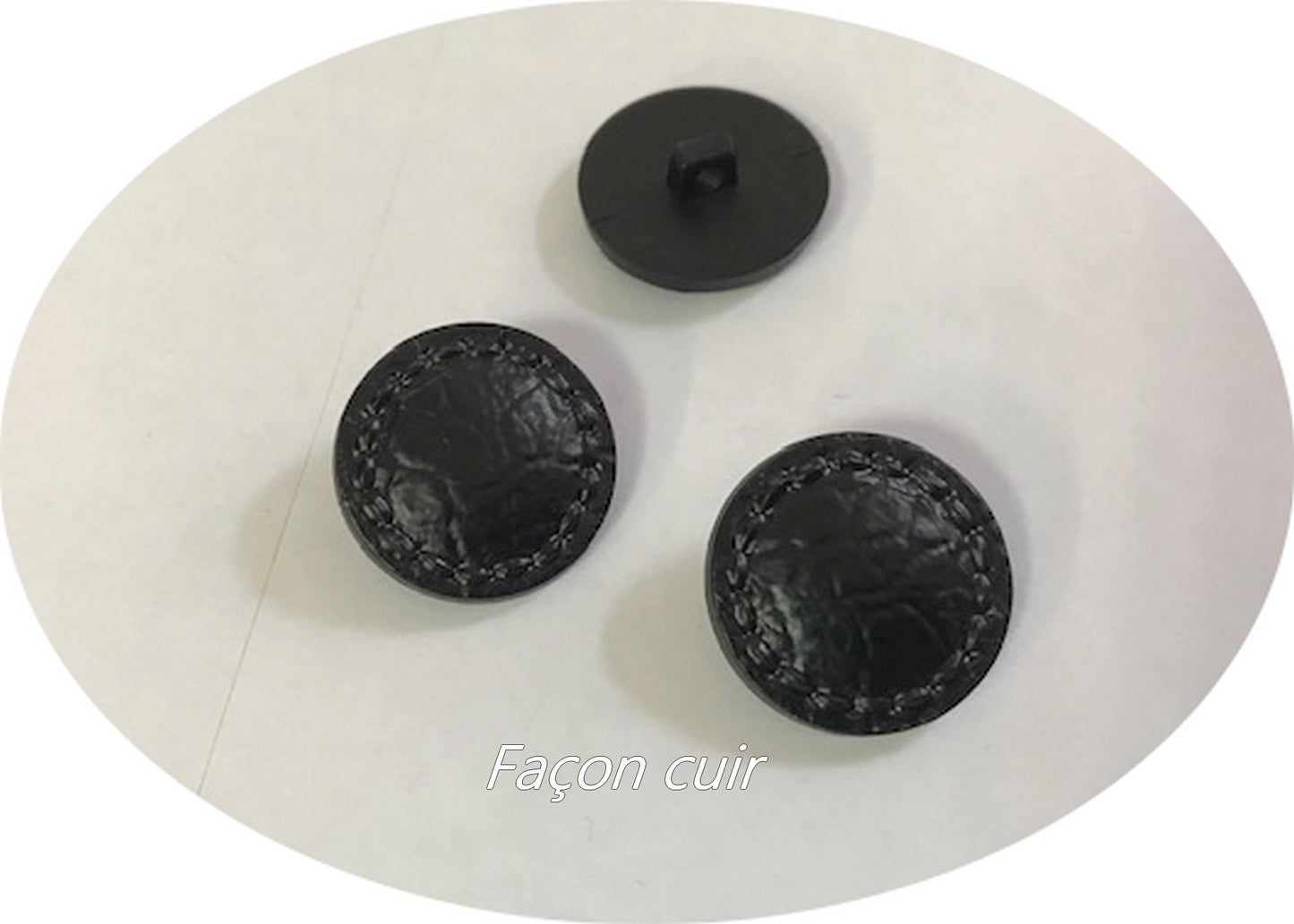 Black faux leather button, 22 mm diameter, to sew on, leather-style button with shank