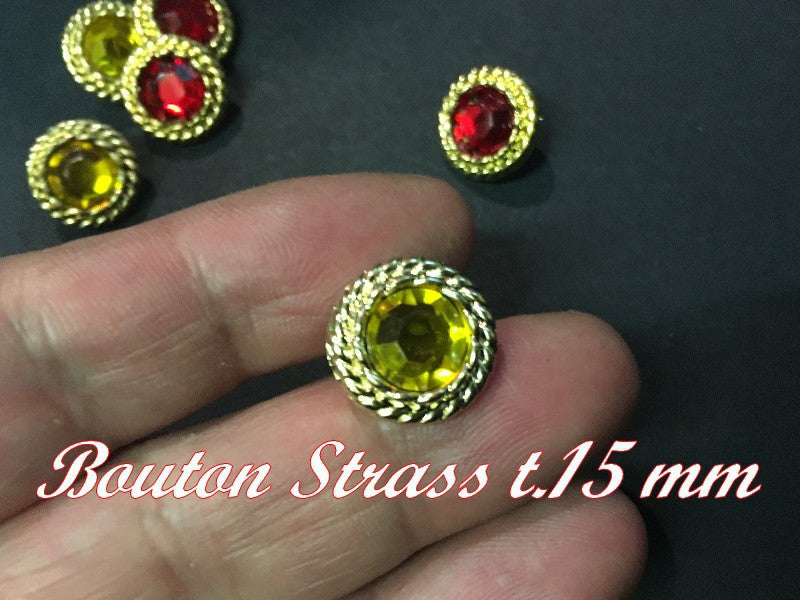 Bouton Strass Jaune A Facette en Taille 15 mm Cerlé Doré Or à Coudre.