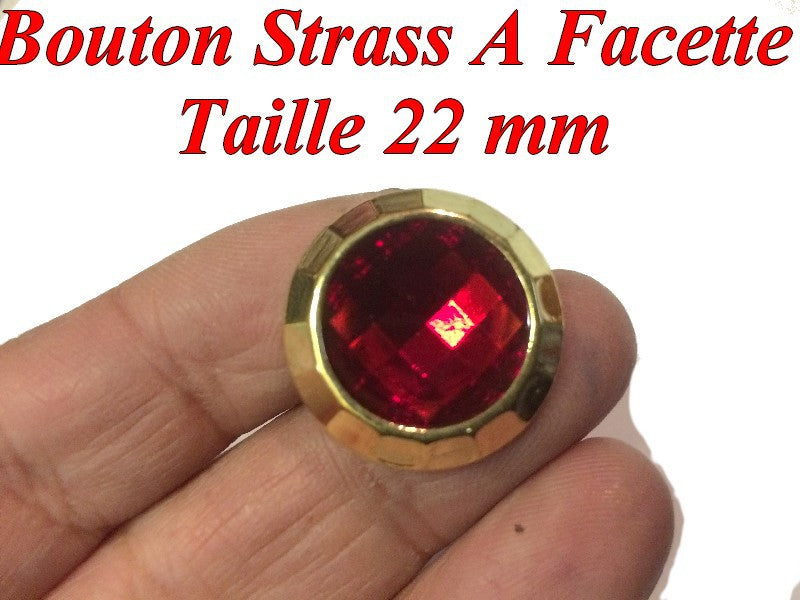 Bouton Strass Rouge A Facette en Taille 22 mm Cerlé Doré Or à Coudre.