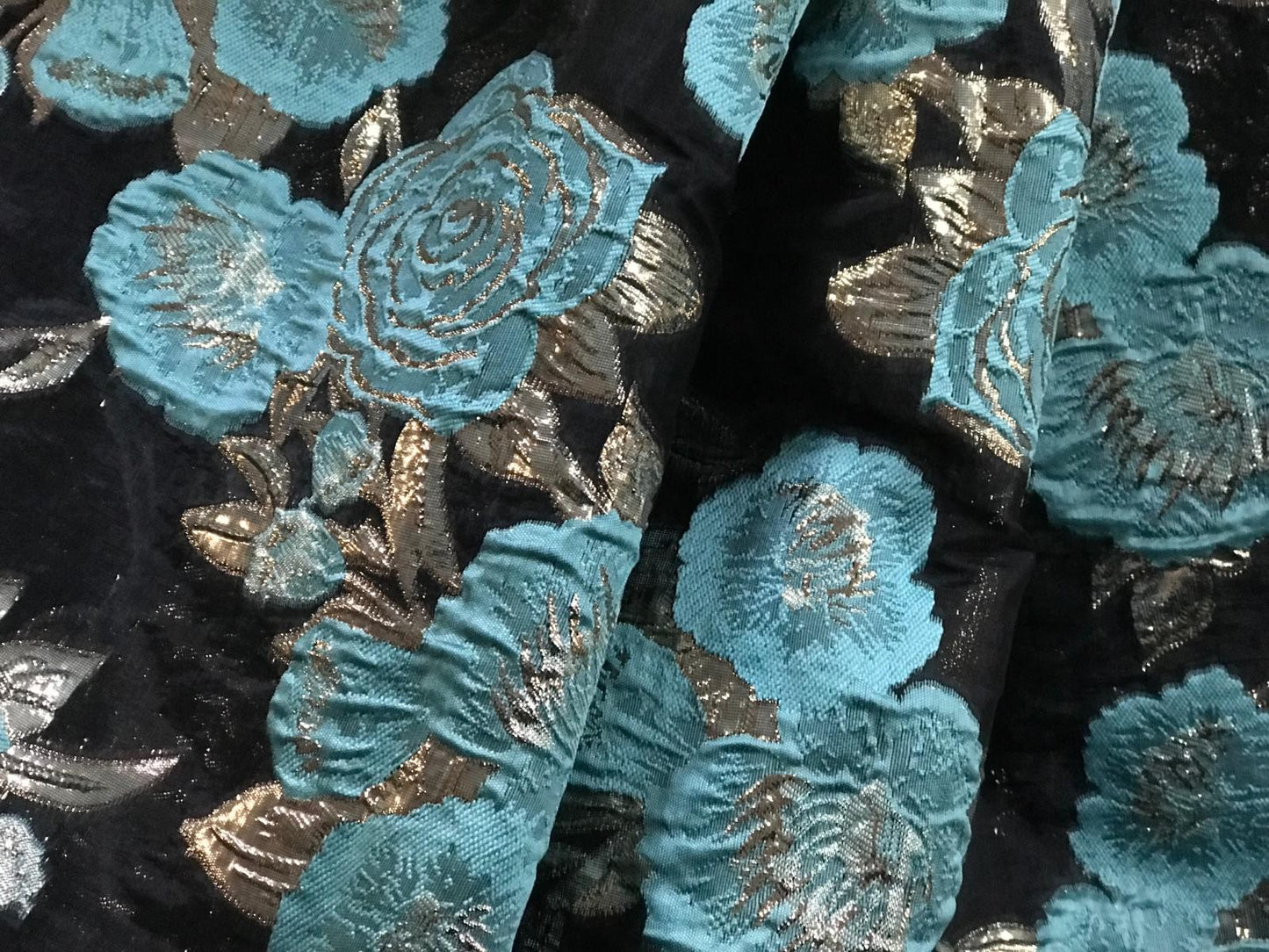 Luxury Brocade by the Meter in Turquoise Flower and Gold Leaf Patterns, ideal for Dresses, Suits and Caftans.