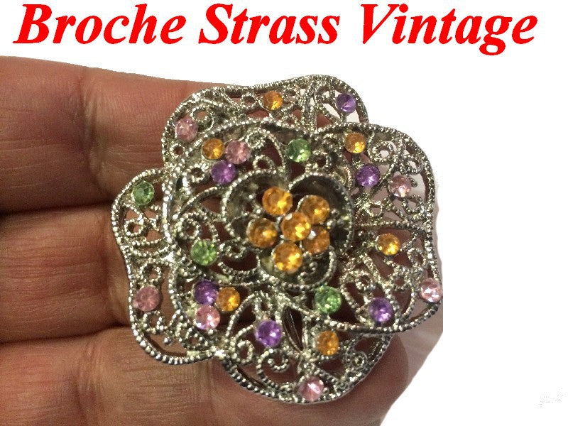 Parma and Mustard Rhinestone Brooch on a Silver Backing for Customizations.