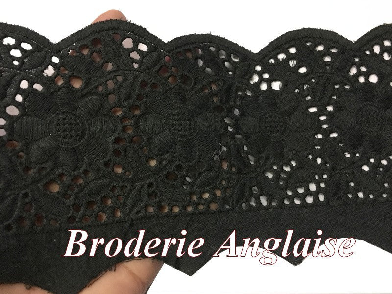 English Embroidery in 12 cm Black Cotton by the Meter.