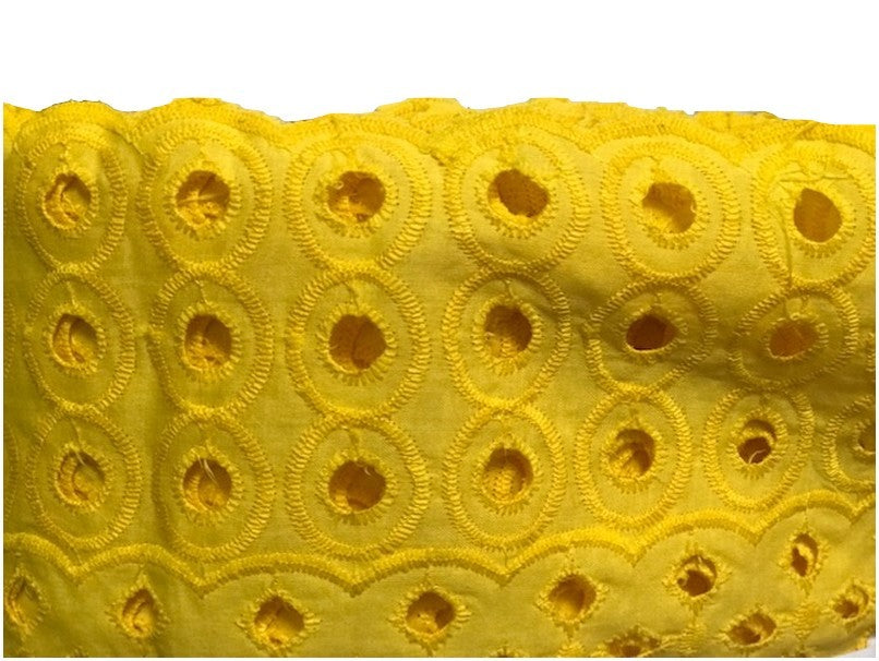 Yellow English Embroidery in Openwork Cotton Fabric by the Meter in Large Width