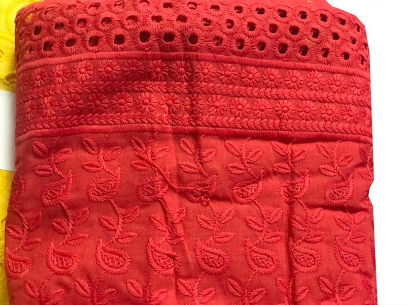 Red English Embroidery in Embroidered Cotton Fabric by the Meter in Large Width
