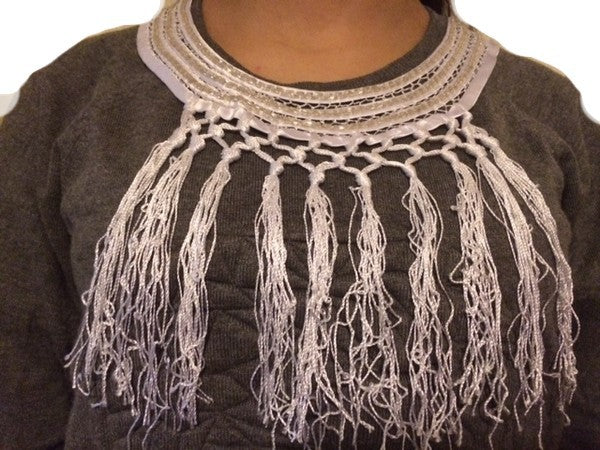 Satin Applique Collar and Charleston Fringe to sew in Rayon thread in White.