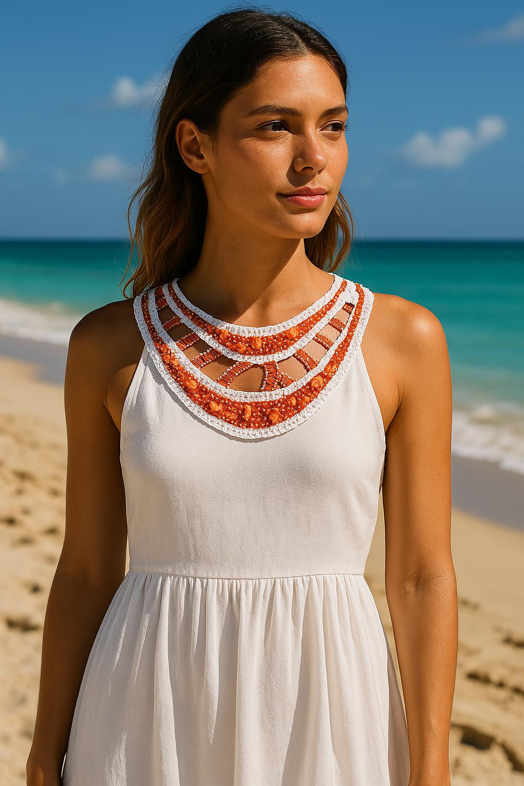 🧡 Col Brodé Été – Crochet Blanc & Perles Orange