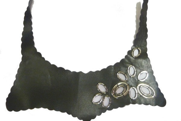 Black faux leather sew-on plastron collar with metal ring inlay