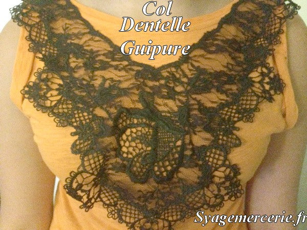 Embroidered Lace Collar in Black Guipure on Mesh