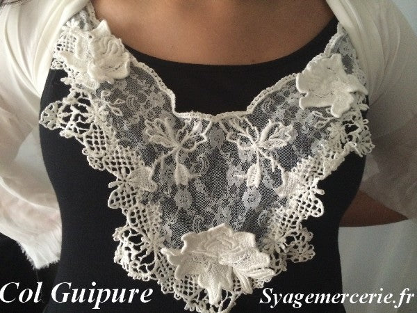 White Lace Guipure Collar with Flowers on Mesh