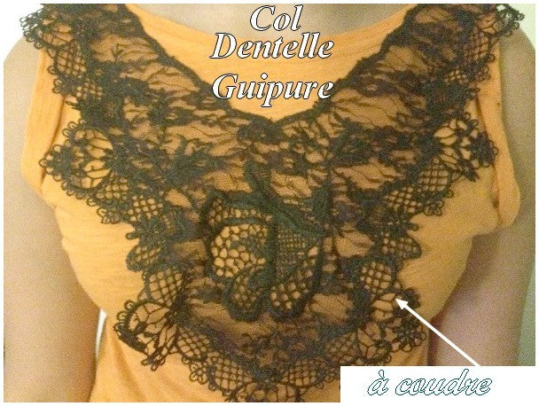 Black Lace and Guipure Neckline on Mesh