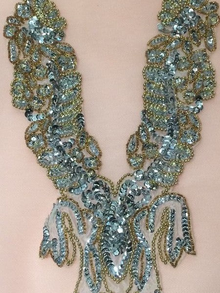 40 cm bib collar to sew in silver sequin and gold beads with silver and gold fringes