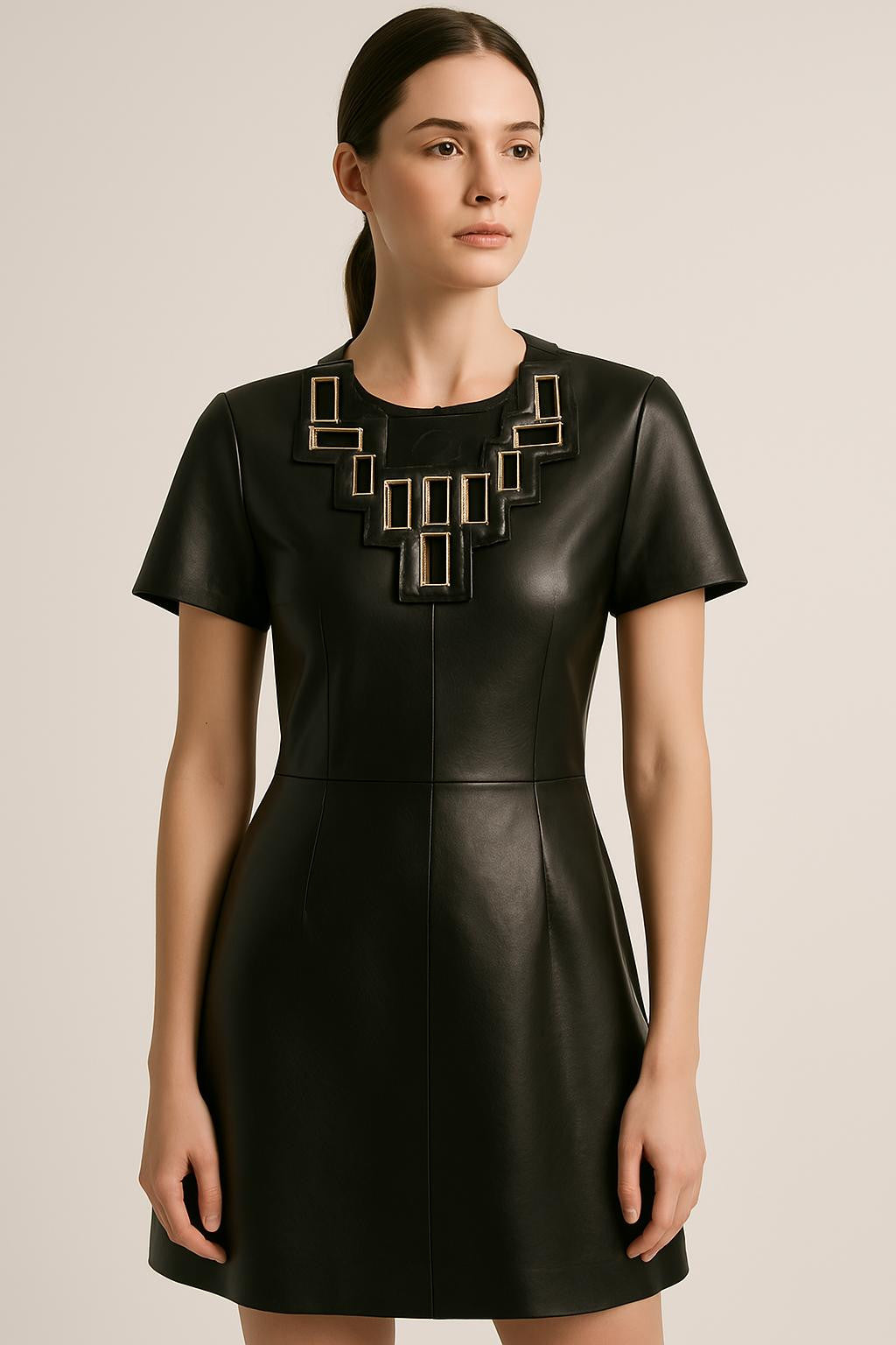 Black Faux Leather Bib Collar – Metallic Square Decor