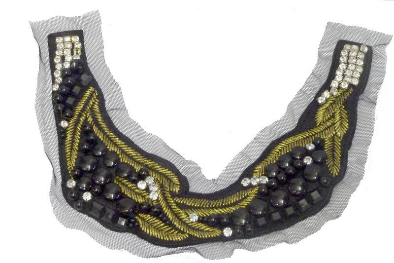 Rhinestone collar sew-on neckline in black stone with gold thread