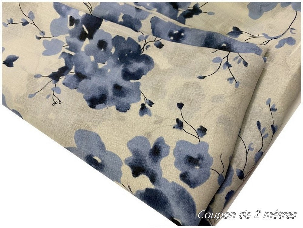 Coupon de 2 Mètres De Tissu Voile De Coton Imprimé Fleurs Bleu Indigo Au Mètre En Grande Largeur
