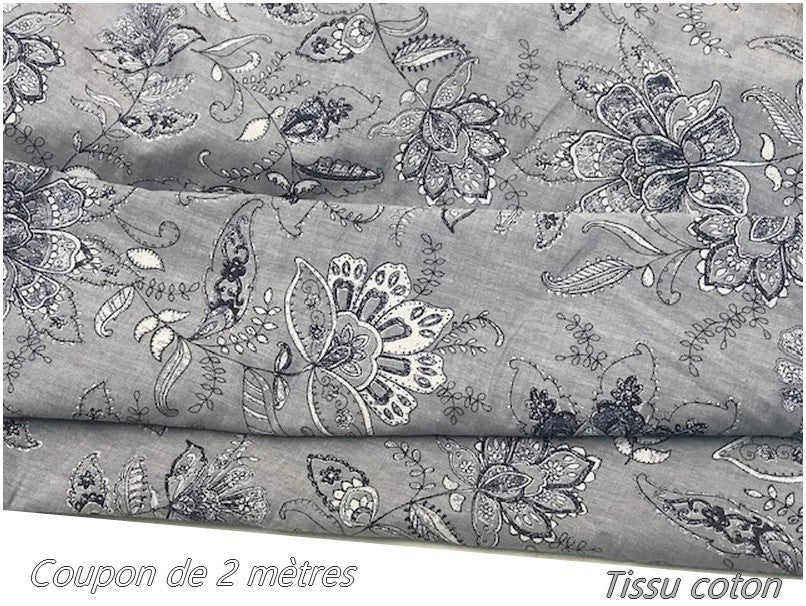 Coupon de 2 Mètres deTissu Coton Imprimé Jeans Fleurs Au Mètre En Grande Largeur