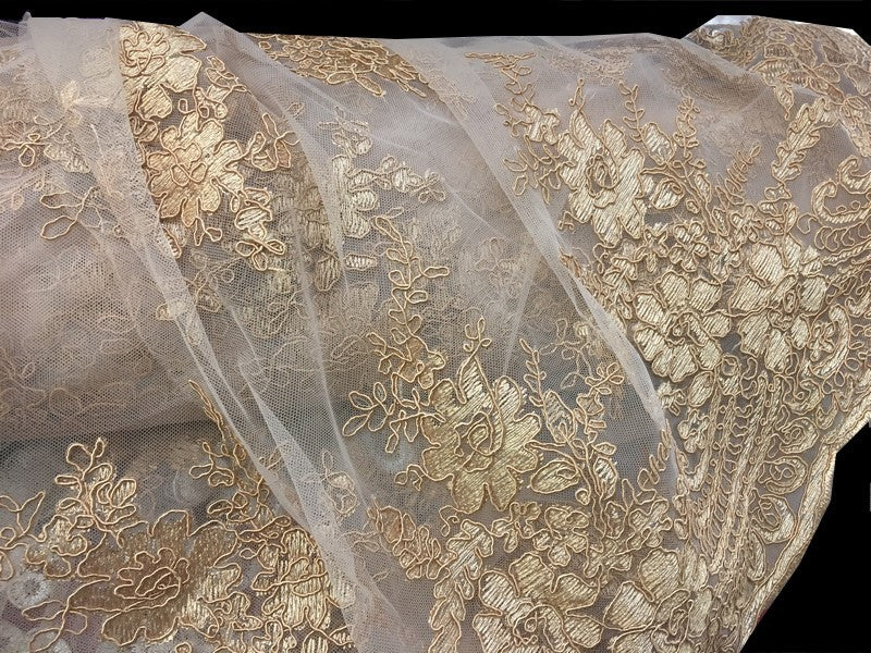 Dentelle Au Mètre Beige Doré Et Brodé Couture Pour Fabrication De Lingerie de luxe Et Robes De Cérémonies