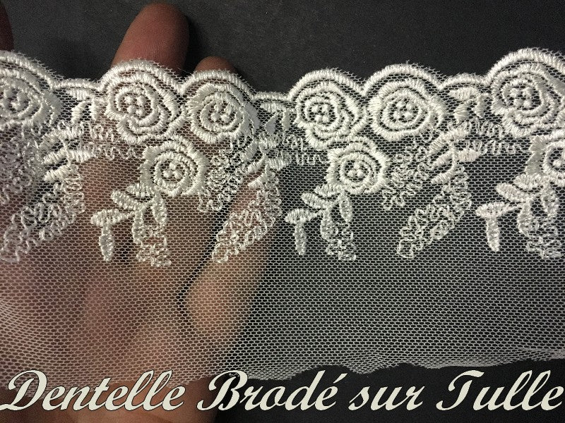 Dentelle au Mètre 8 Cm Crème – Tulle Résille à Bord Brodé de Fleurs : Pour Robes, Lingerie & Décoration