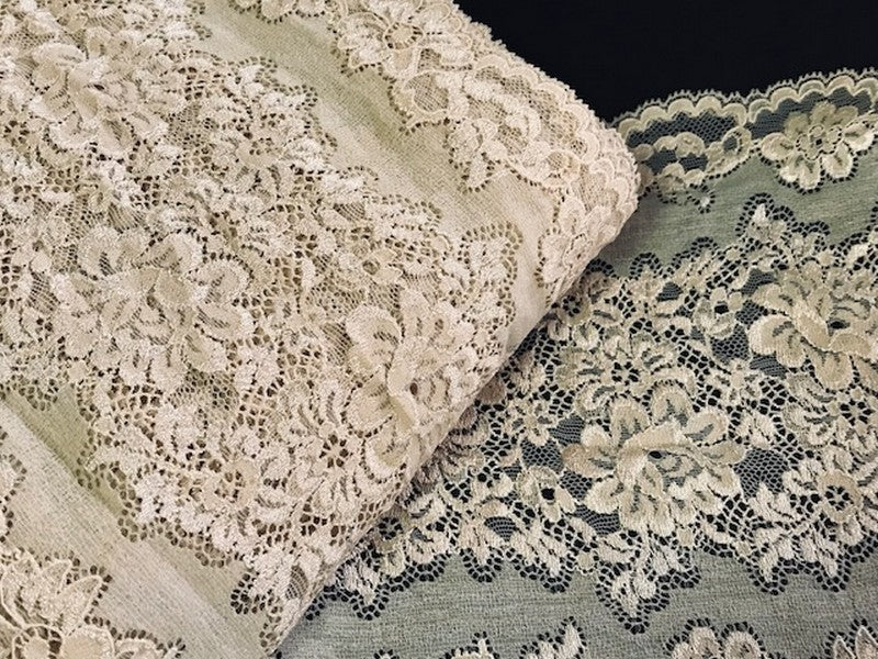 Dentelle brodé lycra en grande largeur couleur beige Couture