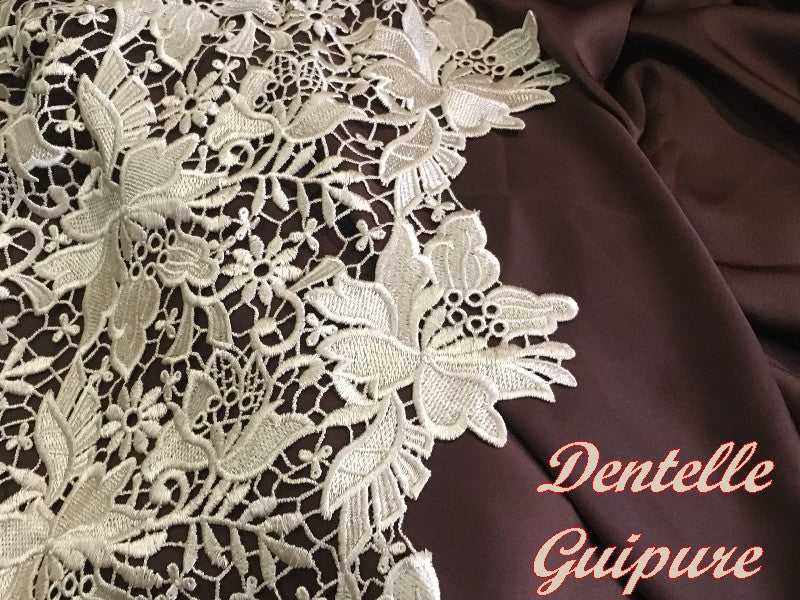 Dentelle Guipure Au Mètre Beige En Grande Largeur, Pour La Créations De Robes De Cerémonies Et Lingerie.
