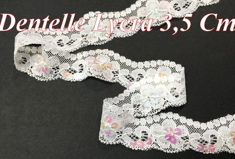 Dentelle Lycra Au Mètre En 3,5 Cm BLanche Orné De Sequins