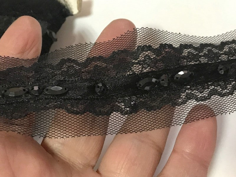 Dentelle Perlé Noir A Coudre Sur Tulle Pour Loisirs Créatifs.