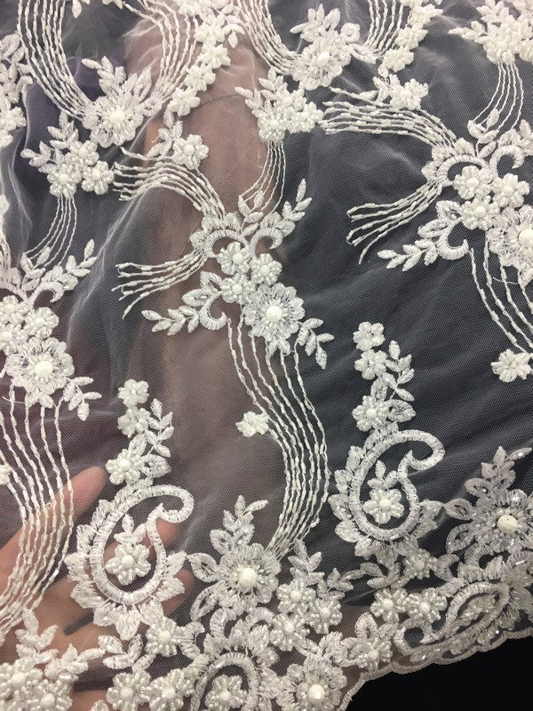 Dentelle Perlée Au Mètre Blanche , Pour Robes De Mariage Et Cerémonies
