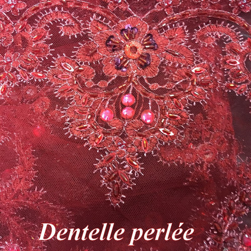 Dentelle Perlée Au Mètre Bordeaux En Grande Largeur, Pour Robes Du Soir, Bustier, Et Lingerie De Luxe.
