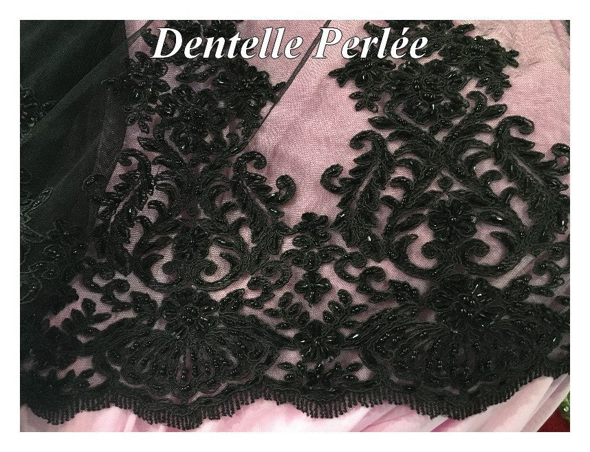 Dentelle Perlée Au Mètre Noire en Grande Largeur.