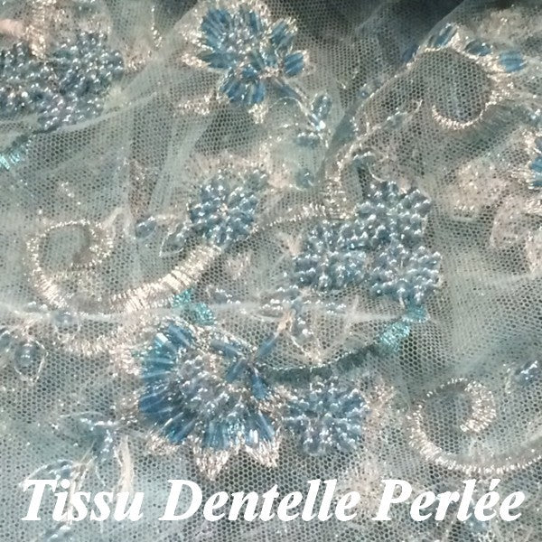 Dentelle Perlée Au Mètre Turquoise En Grande Largeur, Pour Caftan Et Cerémonie.