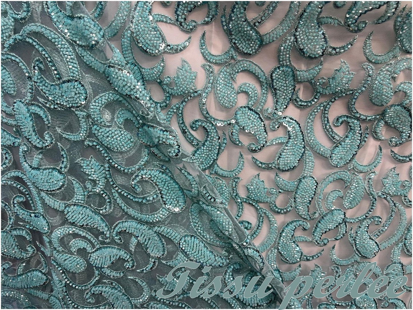 Dentelle Perlée Au Mètre Turquoise Haute Couture.