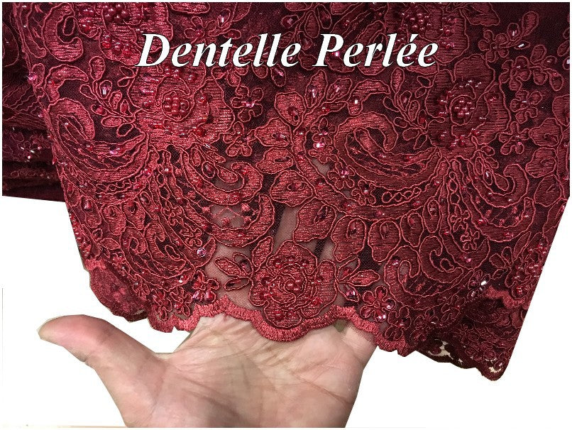 Dentelle Perlée Bordeaux En Grande Largeur , Pour Robes De Cerémonie, Bustier Et Lingerie De Luxe.
