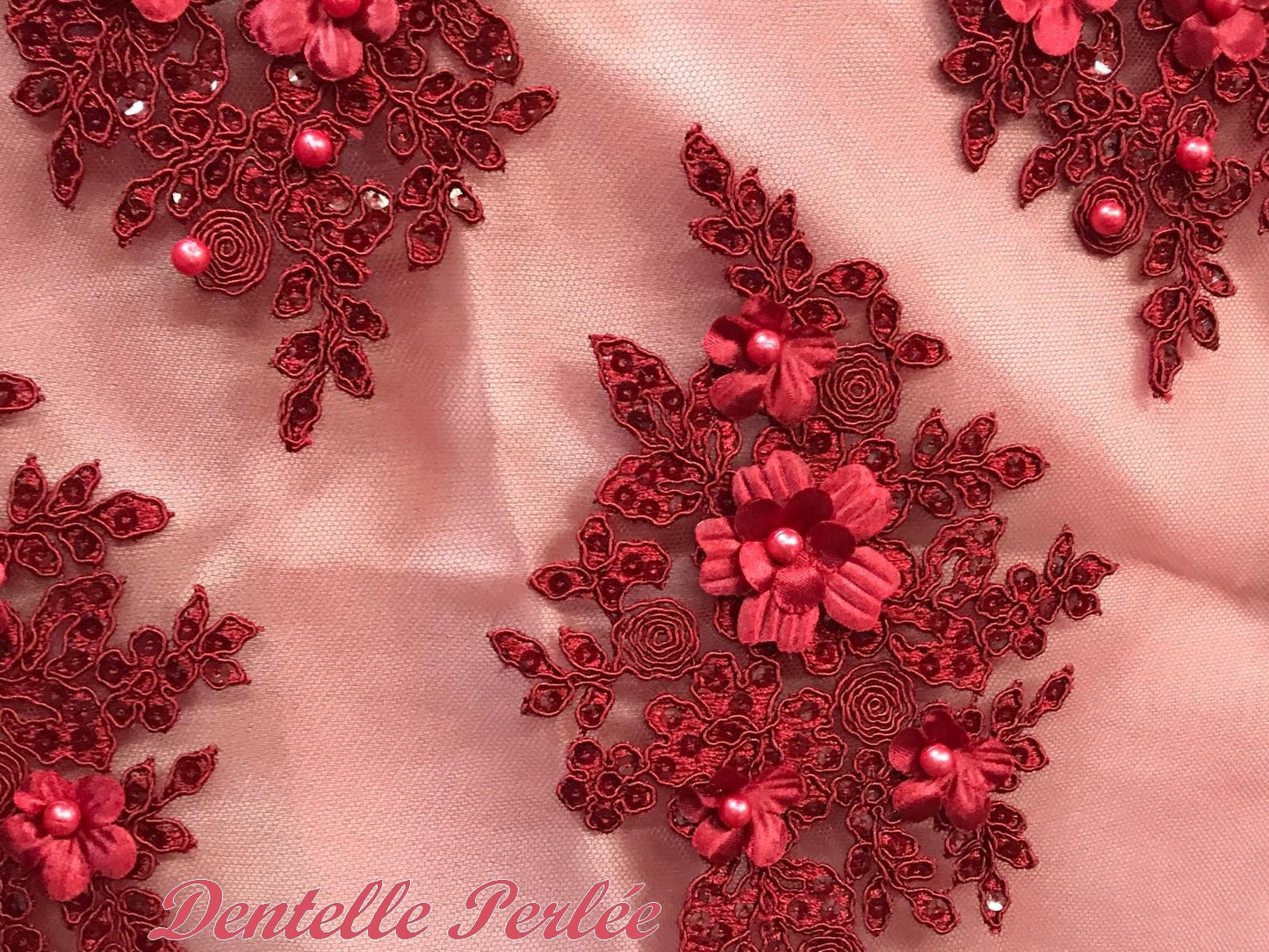 Dentelle Perlée Bordeaux Sur Résille Couture.