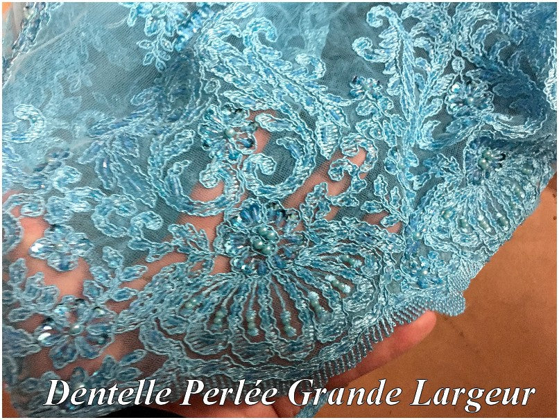 Dentelle Perlée Turquoise Au Mètre En Grande Largeur, Pour Caftan Et Cerémonie.