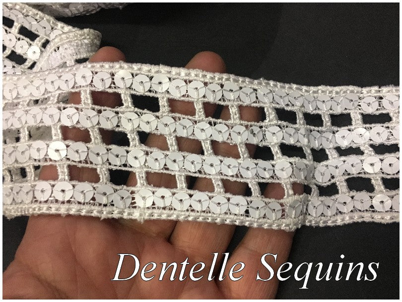 Dentelle Sequin Guipure Brodé en 6 cm blanche