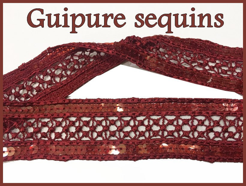 Dentelle Sequins Guipure Brodé En 4.5 Cm BOrdeaux Couture.