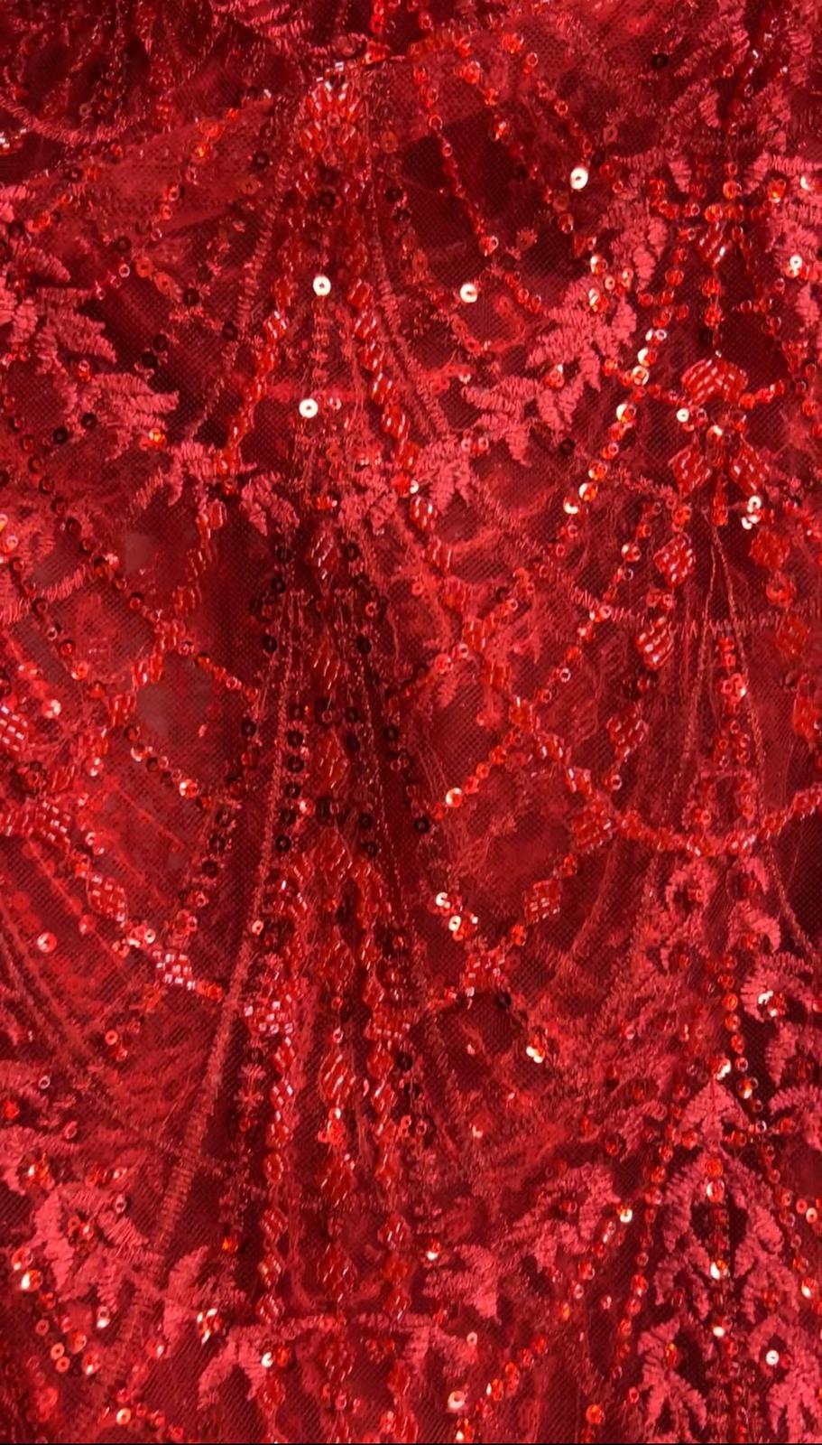 Coupon Dentelle Rouge Plumes et Sequins – 3,50m – Haute Couture