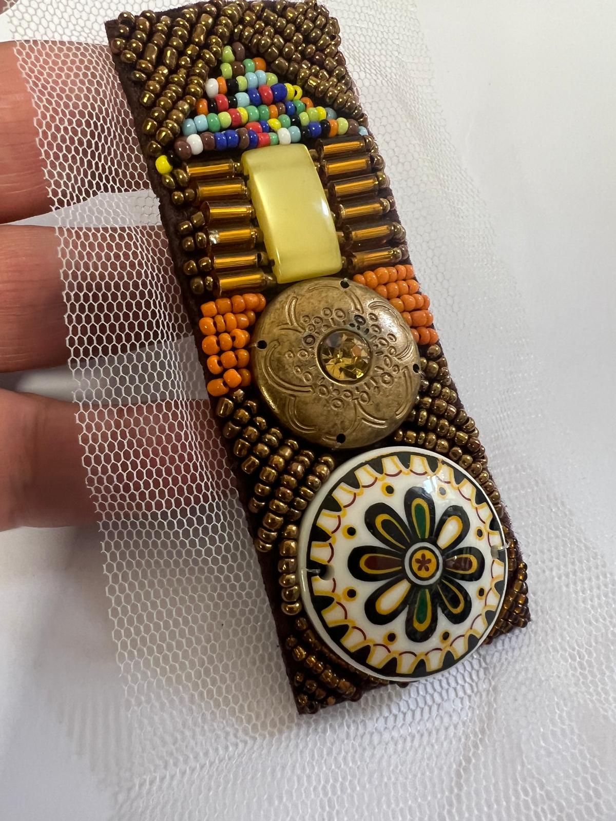 Bracelet Perles sur Résille Blanche Motif Ethnique - 10x4cm - Bronze Multicolore