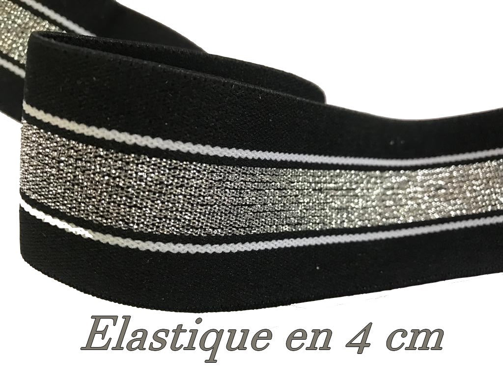 Silver lurex elastic on flat black background 4 cm per meter to sew