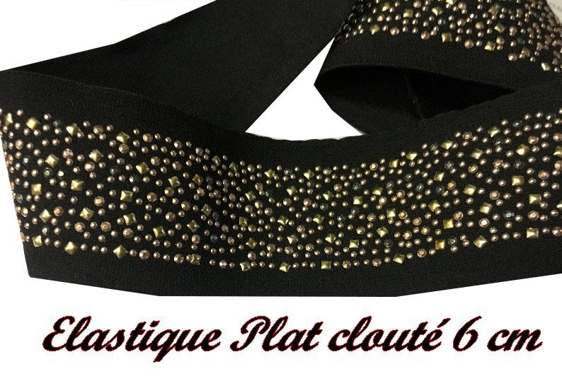 Elastique En 6 CmPlat Orné de Clous Doré Sur Fond Noir En Au Mètre A Coudre Pour Ceintures Loisirs Créatifs Et Customisations.