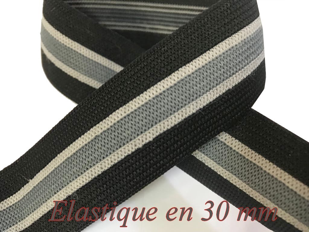 Elastique Gris et blanc sur fond noir plat En 30 mm A Coudre