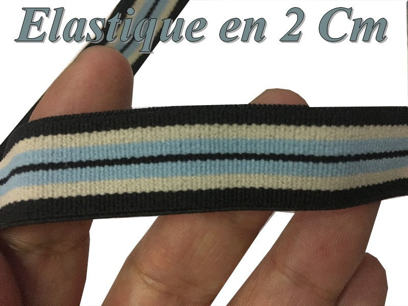 Elástico Plano por Metros en 20 mm con Rayas Cielo y Negro para Coser.