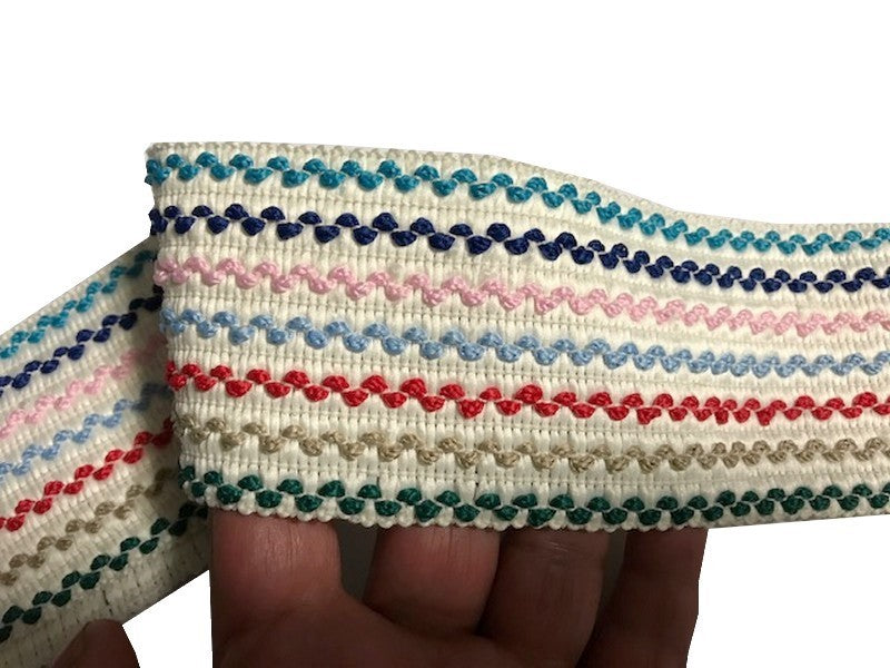 Multicolored Croquet Flat Elastic on White Background in 7 cm by the Meter Sewing