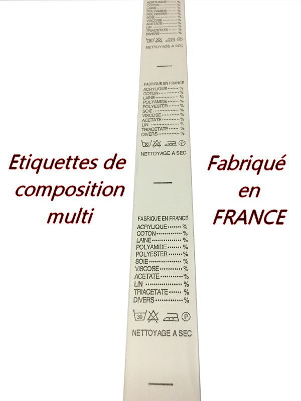 Etiquette De Vêtementst A Coudre Au Mètre Par 13 Piéces A Coudre De Composition Textile , Contexture " FABRIQUE EN FRANCE ".