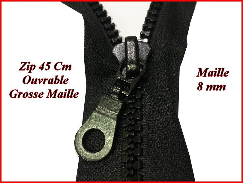 45cm Zipper with Black Openable Slide, 8mm Large Mesh, Injected Plastic, Sewing-On.