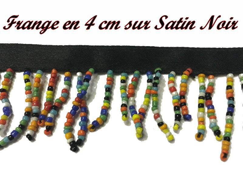 Frange Au Mètre , Ruban Charleston En 4 Cm En Perles Multicolore Sur Satin Noir Pour Customisations Et Décorations De Vêtements